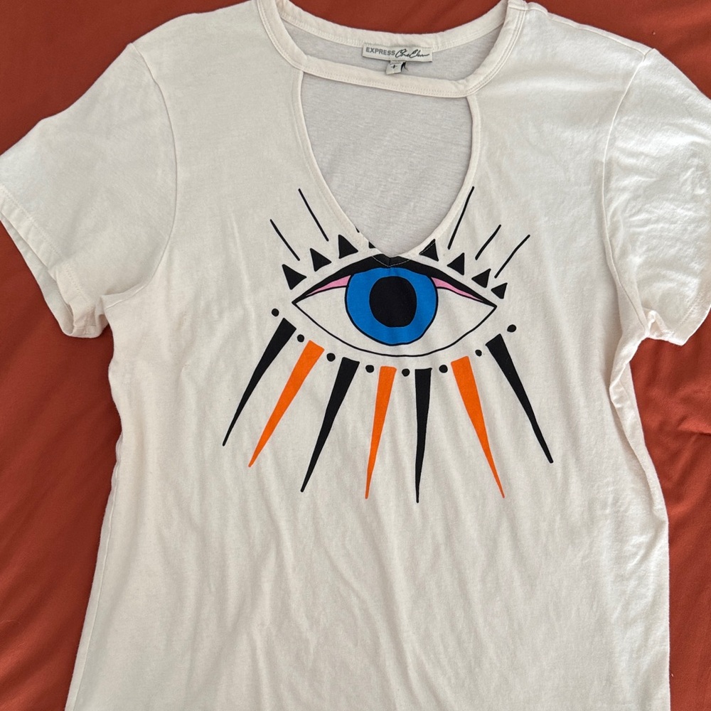 Express White Tee with Eye and Orange-Blue Graphic